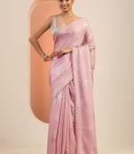 pink printed sarees with unstitched blouse piece