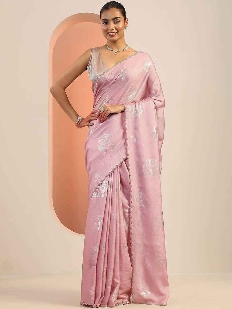 pink printed sarees with unstitched blouse piece