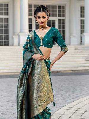 teal woven design saree with unstitched blouse piece 2