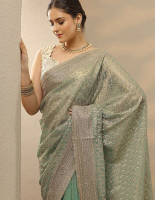 sea green embroidered nylon saree with unstitched blouse piece 1