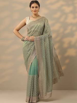 sea green embroidered nylon saree with unstitched blouse piece 2