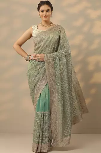 sea green embroidered nylon saree with unstitched blouse piece