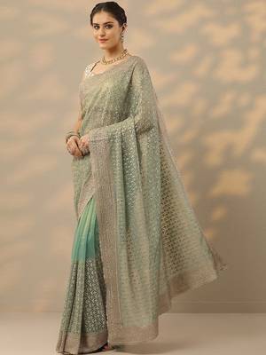 sea green embroidered nylon saree with unstitched blouse piece 3
