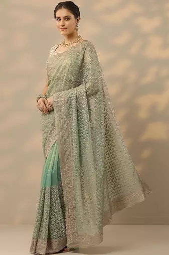 sea green embroidered nylon saree with unstitched blouse piece