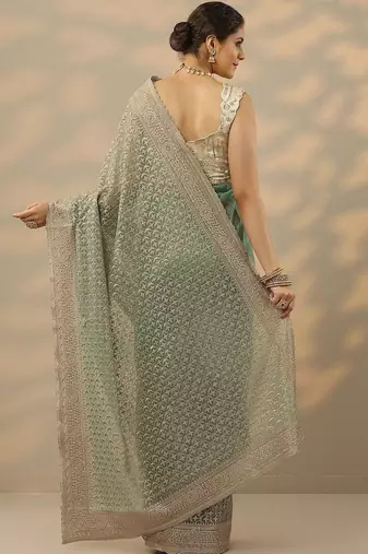 sea green embroidered nylon saree with unstitched blouse piece