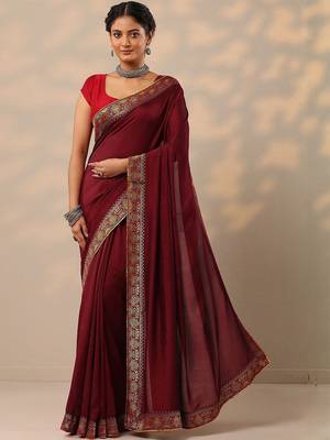 maroon solid saree with unstitched blouse piece 2