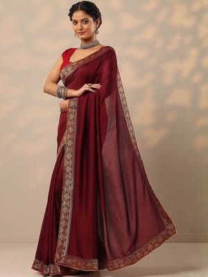 maroon solid saree with unstitched blouse piece 3