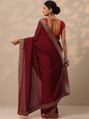 maroon solid saree with unstitched blouse piece 4