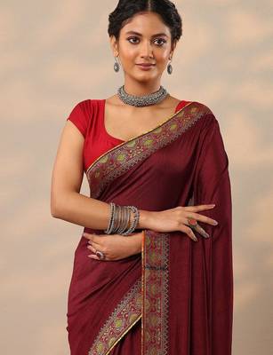 maroon solid saree with unstitched blouse piece 5