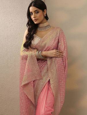 pink embroidered banarasi nylon saree with unstitched blouse piece 1