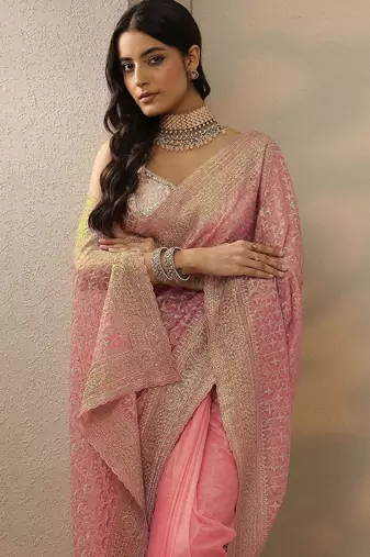 pink embroidered banarasi nylon saree with unstitched blouse piece