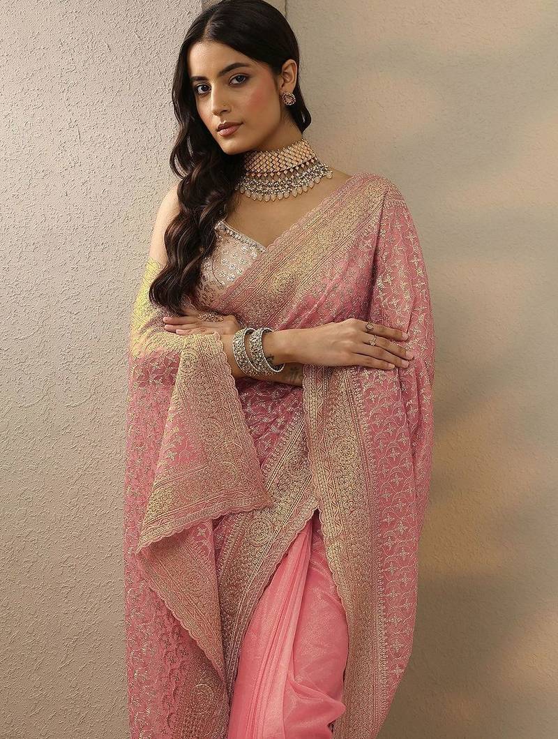 pink embroidered banarasi nylon saree with unstitched blouse piece