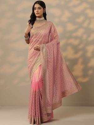 pink embroidered banarasi nylon saree with unstitched blouse piece 2