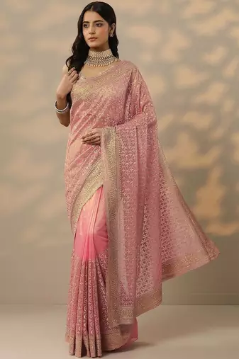 pink embroidered banarasi nylon saree with unstitched blouse piece