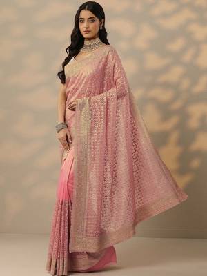 pink embroidered banarasi nylon saree with unstitched blouse piece 3
