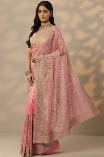 pink embroidered banarasi nylon saree with unstitched blouse piece