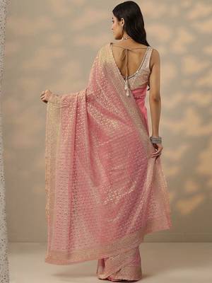 pink embroidered banarasi nylon saree with unstitched blouse piece 4