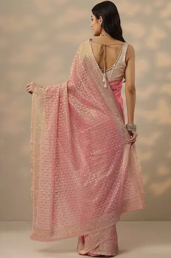 pink embroidered banarasi nylon saree with unstitched blouse piece