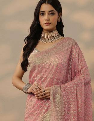 pink embroidered banarasi nylon saree with unstitched blouse piece 5
