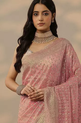 pink embroidered banarasi nylon saree with unstitched blouse piece
