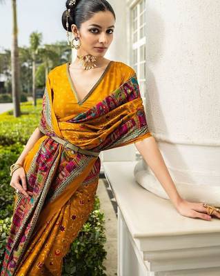 mustard ethnic motifs crepe designer saree 2
