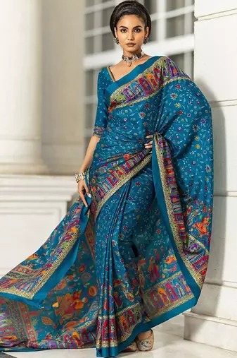 blue ethnic motifs crepe designer saree