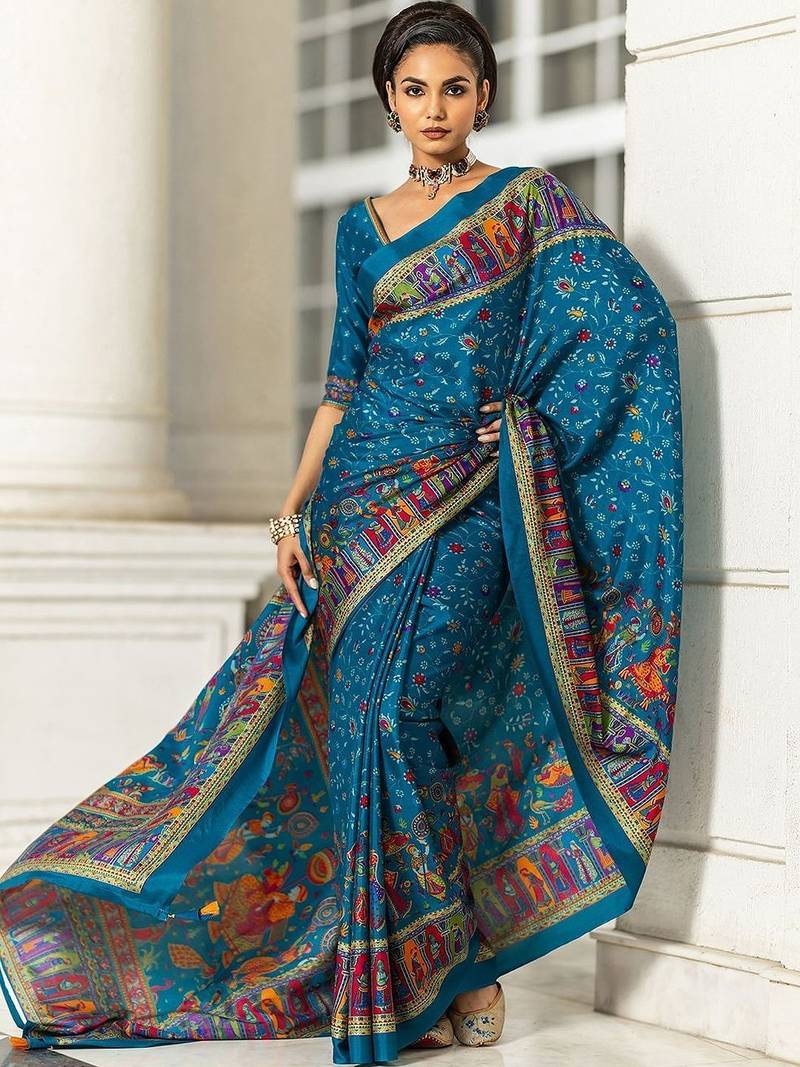blue ethnic motifs crepe designer saree