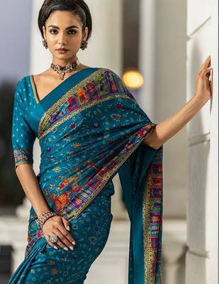 blue ethnic motifs crepe designer saree 2