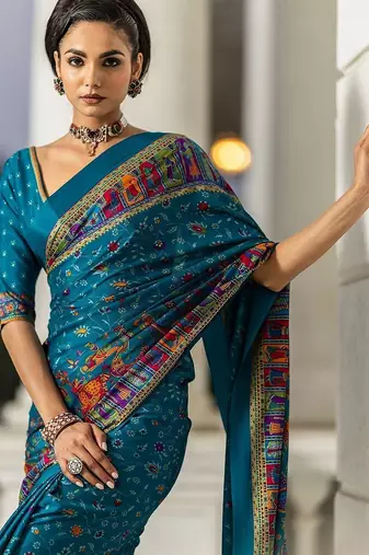 blue ethnic motifs crepe designer saree
