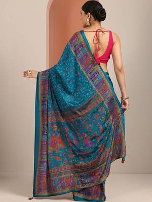 blue ethnic motifs crepe designer saree 3