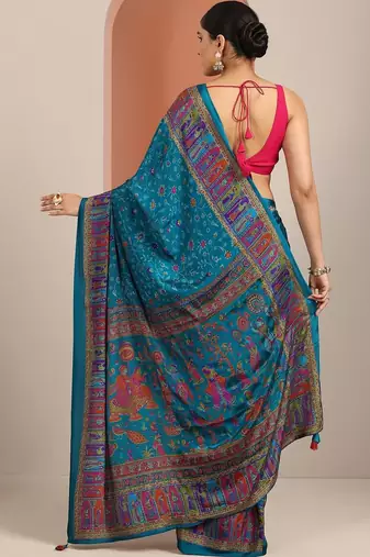 blue ethnic motifs crepe designer saree