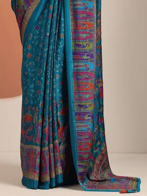 blue ethnic motifs crepe designer saree 4