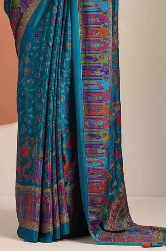blue ethnic motifs crepe designer saree