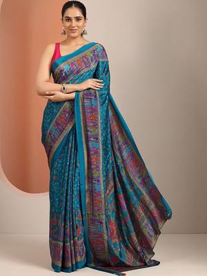 blue ethnic motifs crepe designer saree 5