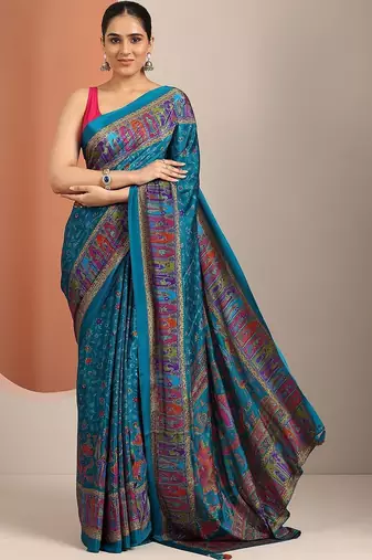 blue ethnic motifs crepe designer saree