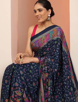 navy blue tribal printed saree with unstitched blouse piece 1
