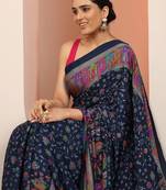 navy blue tribal printed saree with unstitched blouse piece