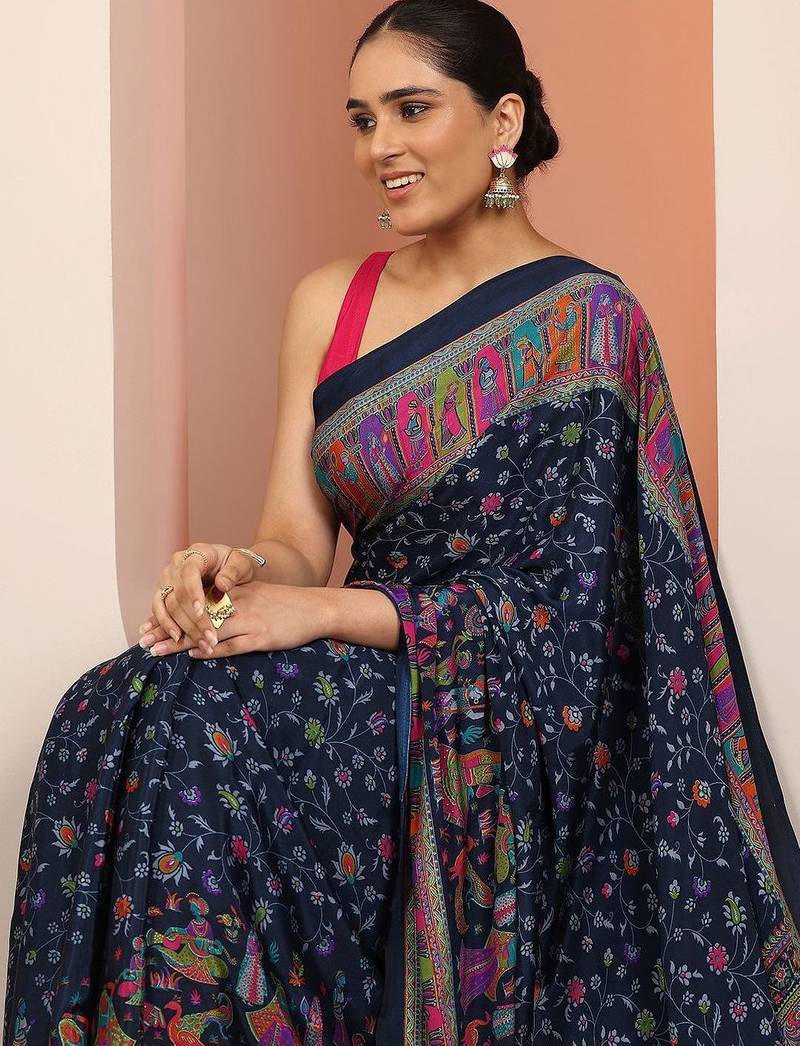 navy blue tribal printed saree with unstitched blouse piece