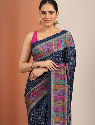 navy blue tribal printed saree with unstitched blouse piece 2