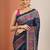 navy blue tribal printed saree with unstitched blouse piece