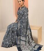 navy blue printed saree with unstitched blouse piece