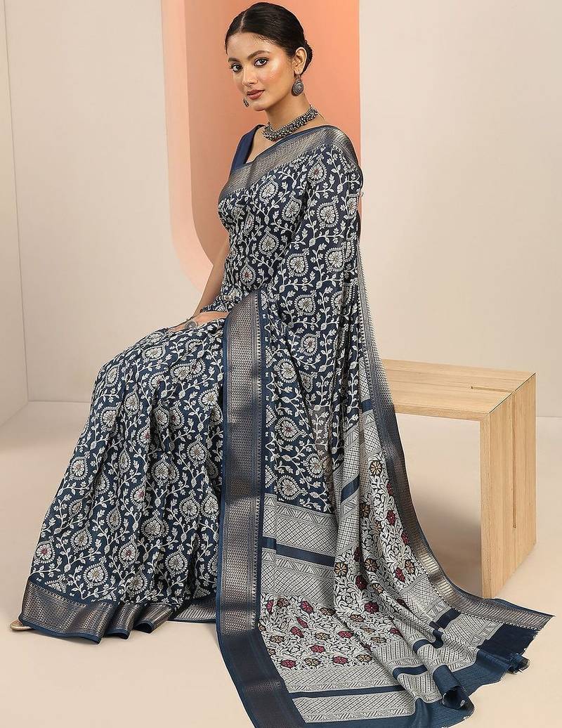navy blue printed saree with unstitched blouse piece