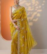 yellow embroidered banarasi organza saree with unstitched blouse piece