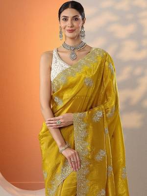 yellow embroidered banarasi organza saree with unstitched blouse piece 2
