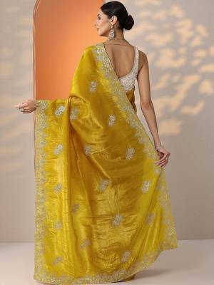 yellow embroidered banarasi organza saree with unstitched blouse piece 4