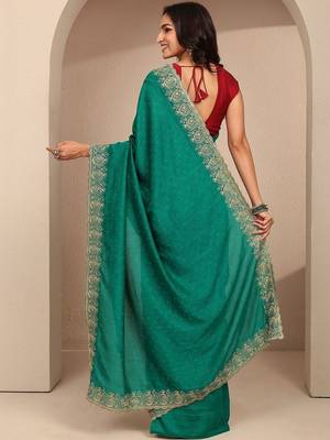 green embellished saree with unstitched blouse piece 2