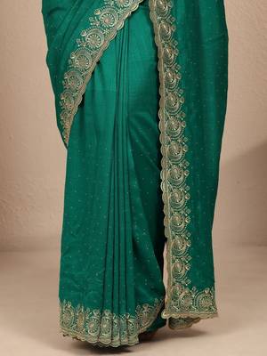 green embellished saree with unstitched blouse piece 5