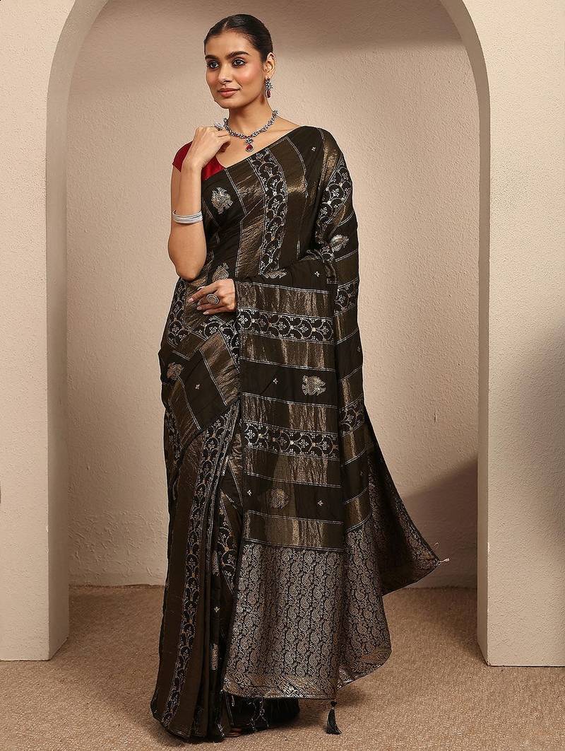 olive woven design banarasi saree with unstitched blouse piece