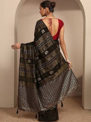 olive woven design banarasi saree with unstitched blouse piece 2