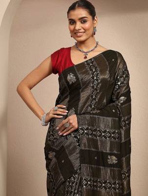 olive woven design banarasi saree with unstitched blouse piece 3